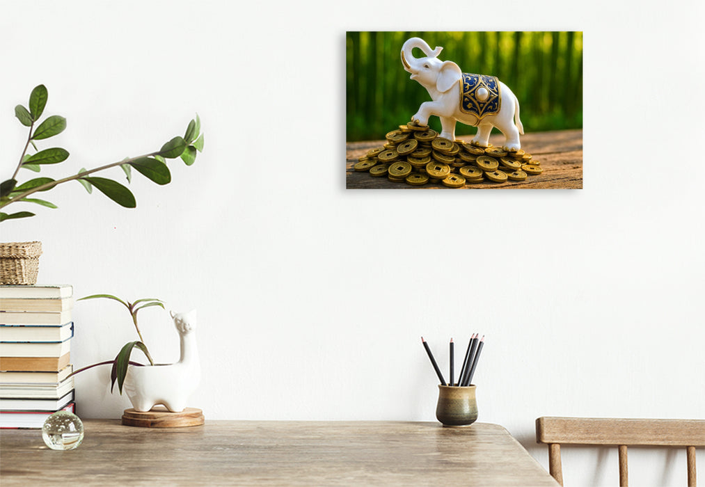 Premium Textil-Leinwand Elefant mit Münzen – Weisheit, Stärke und Glück im Haus