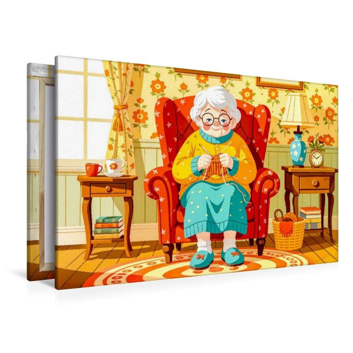 Premium Textil-Leinwand Oma strickt zufrieden im bequemen Sessel zu Hause
