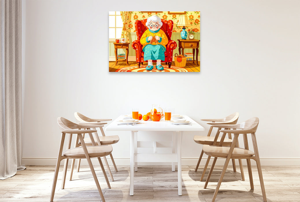 Premium Textil-Leinwand Oma strickt zufrieden im bequemen Sessel zu Hause