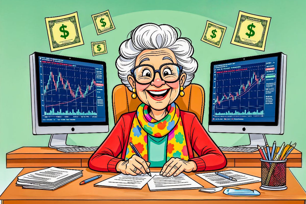 Premium Textil-Leinwand Oma zockt am Aktienmarkt