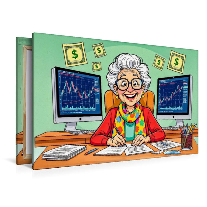 Premium Textil-Leinwand Oma zockt am Aktienmarkt