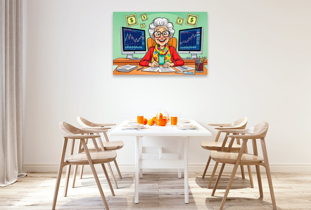 Premium Textil-Leinwand Oma zockt am Aktienmarkt