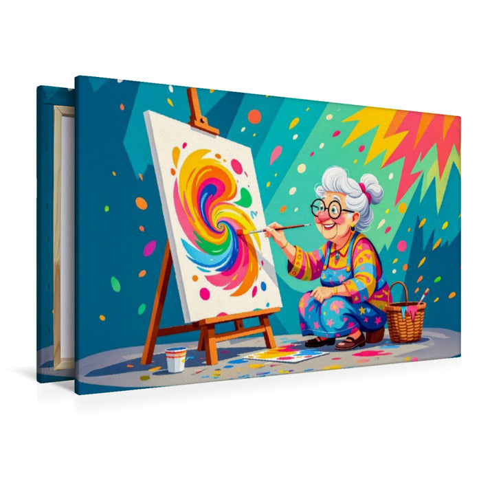 Premium Textil-Leinwand Oma malt buntes abstraktes Bild mit Pinsel begeistert