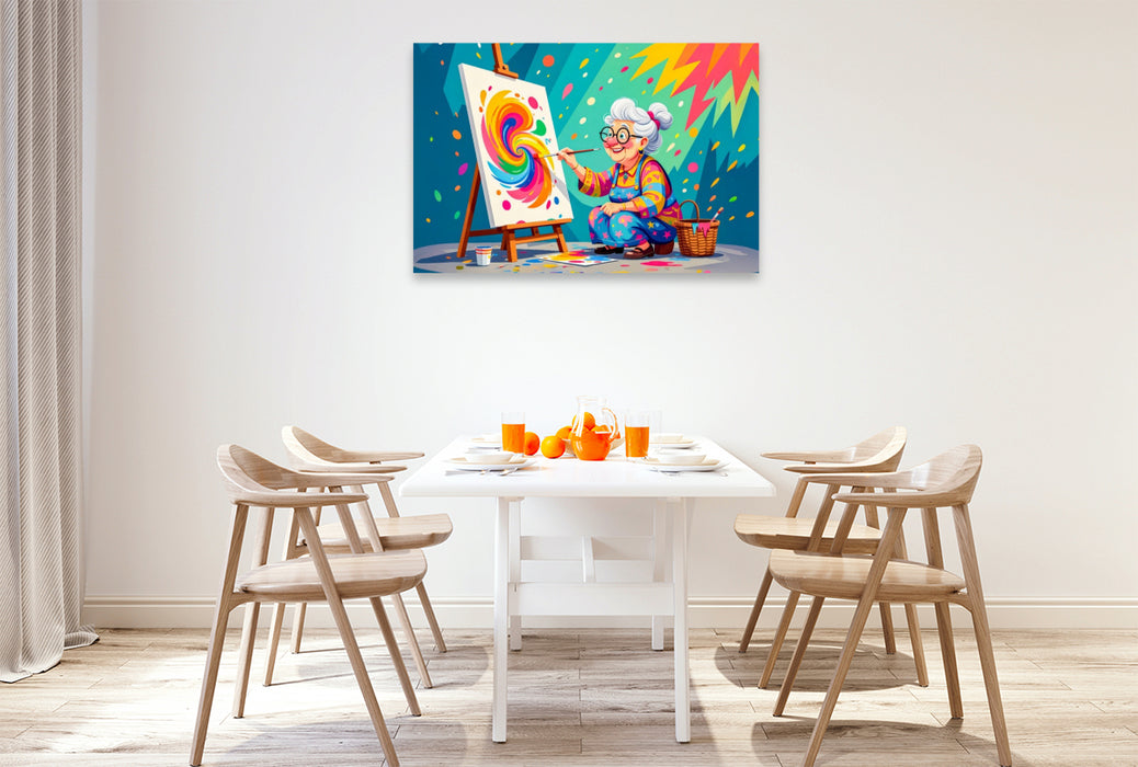 Premium Textil-Leinwand Oma malt buntes abstraktes Bild mit Pinsel begeistert