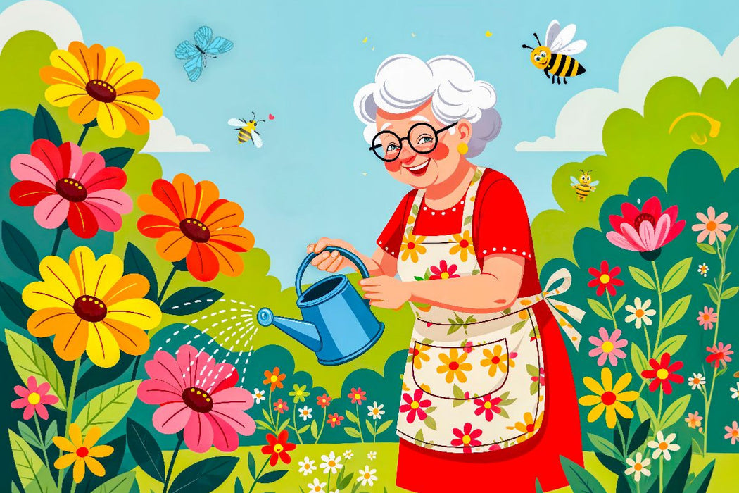 Premium Textil-Leinwand Oma gießt bunte Blumen im Garten mit voller Freude