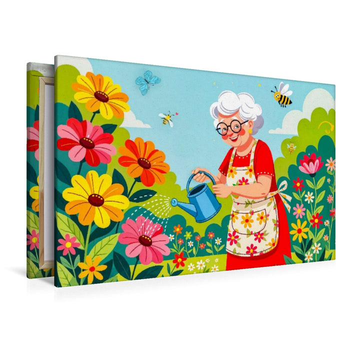 Premium Textil-Leinwand Oma gießt bunte Blumen im Garten mit voller Freude