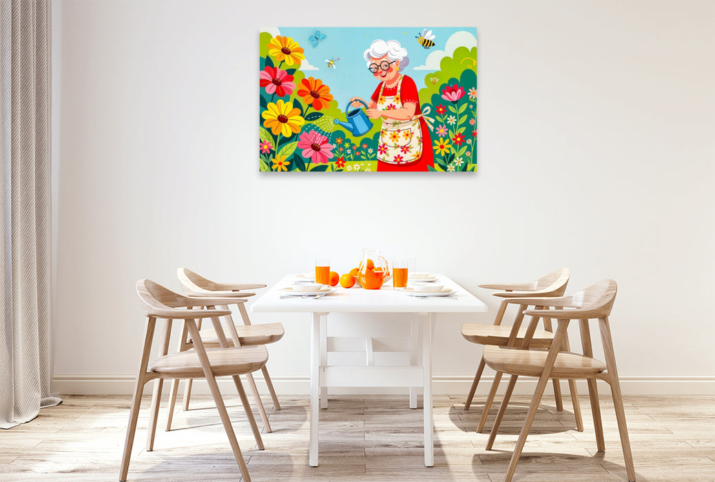 Premium Textil-Leinwand Oma gießt bunte Blumen im Garten mit voller Freude