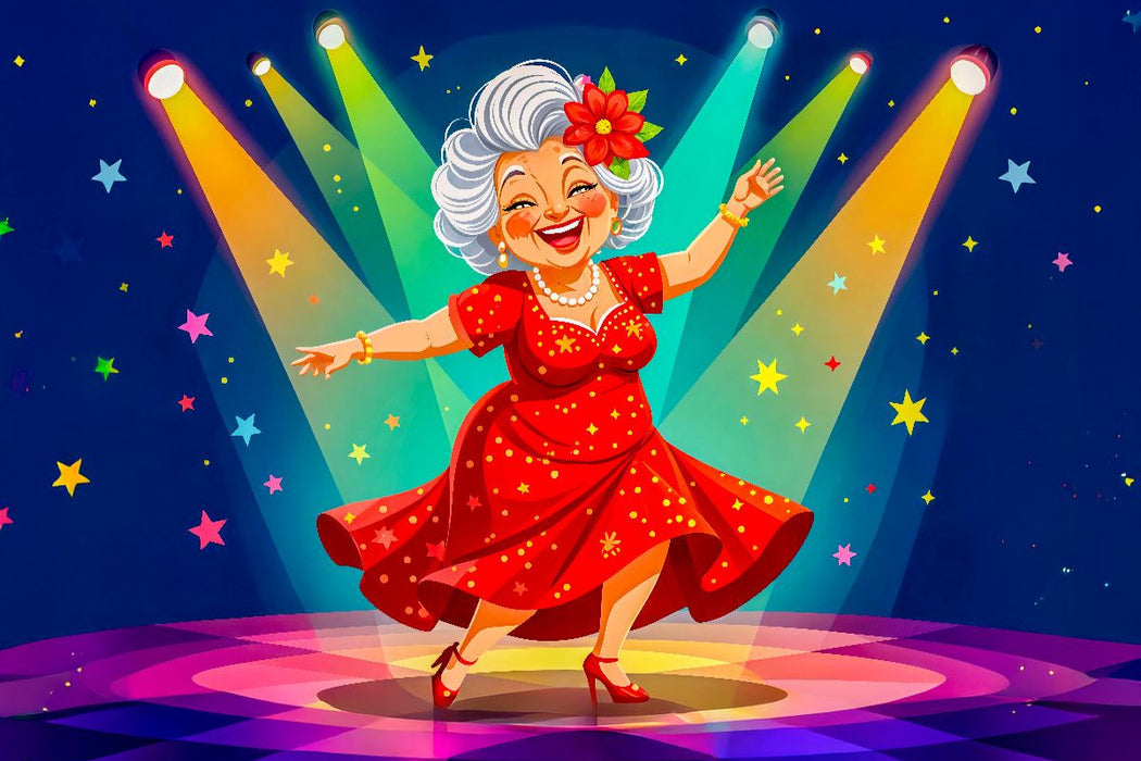 Premium Textil-Leinwand Oma tanzt lachend im roten Kleid auf heller Bühne