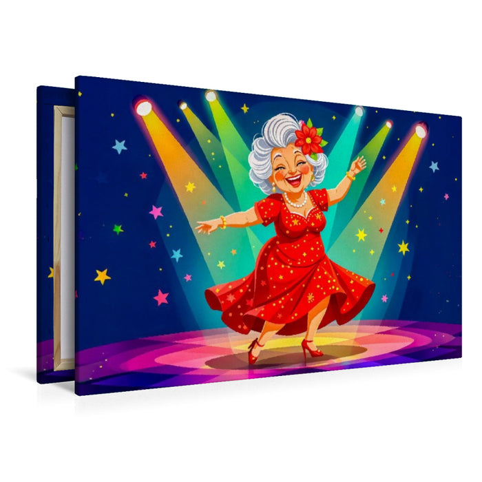 Premium Textil-Leinwand Oma tanzt lachend im roten Kleid auf heller Bühne
