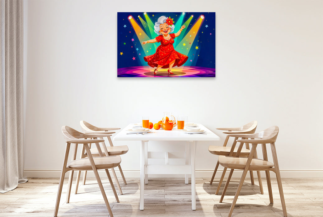 Premium Textil-Leinwand Oma tanzt lachend im roten Kleid auf heller Bühne