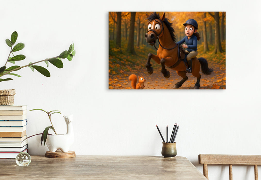 Premium Textil-Leinwand Monster im Wald - Eichhörnchen und Pferde