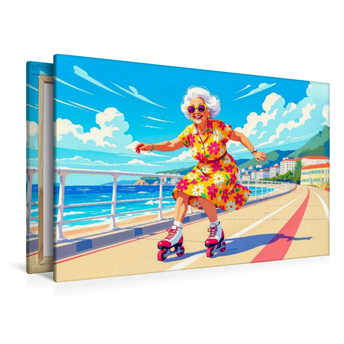 Premium Textil-Leinwand Oma auf Skateboard Promenade