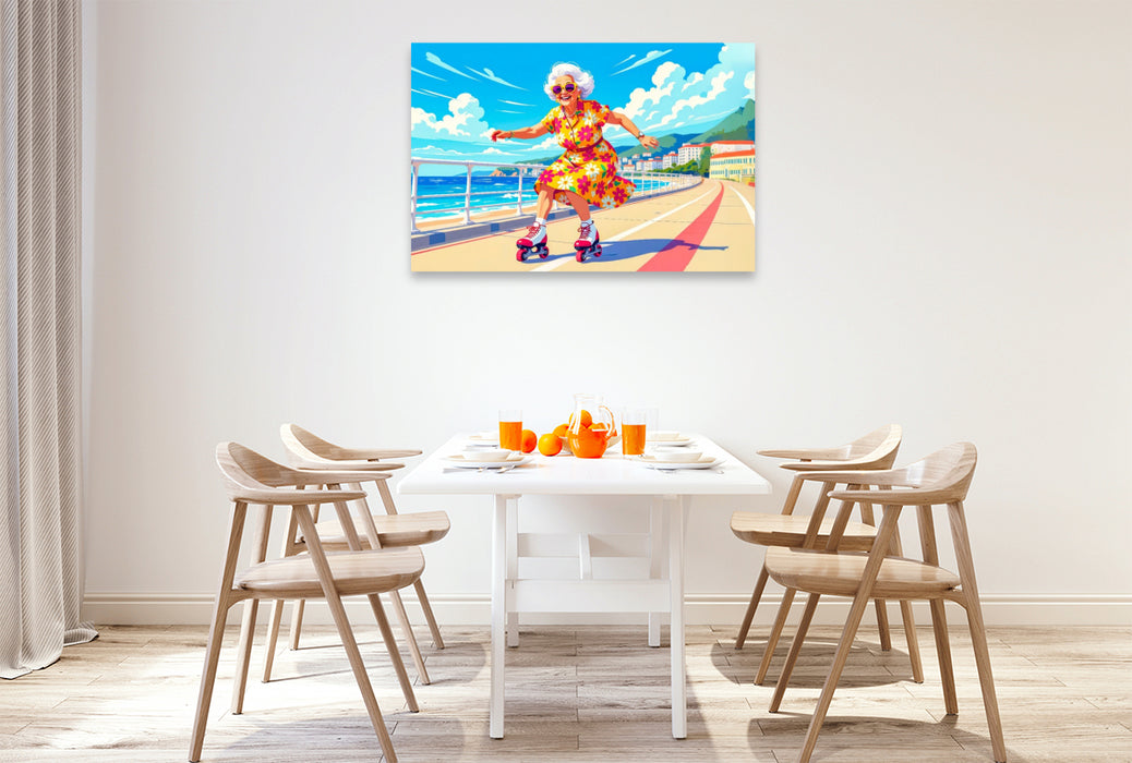 Premium Textil-Leinwand Oma auf Skateboard Promenade