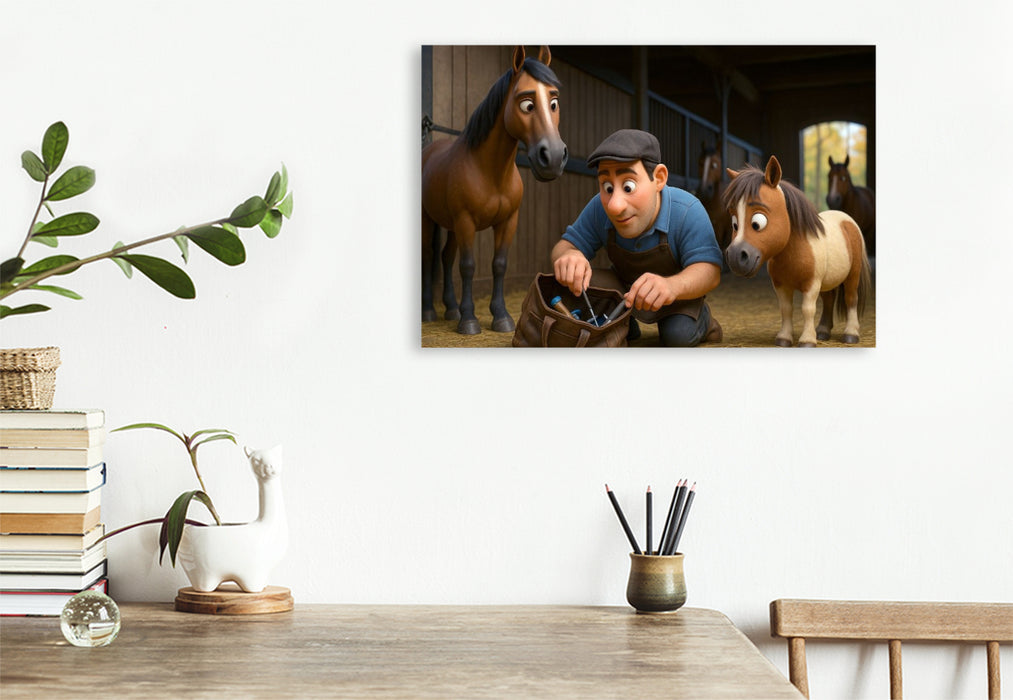 Premium Textil-Leinwand Helfer beim Hufschmied