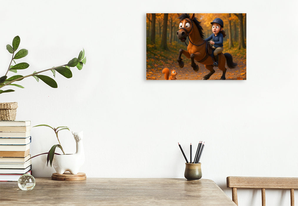 Premium Textil-Leinwand Monster im Wald - Eichhörnchen und Pferde