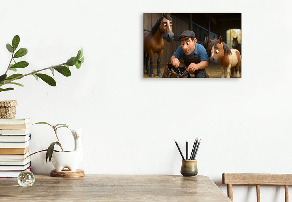 Premium Textil-Leinwand Helfer beim Hufschmied