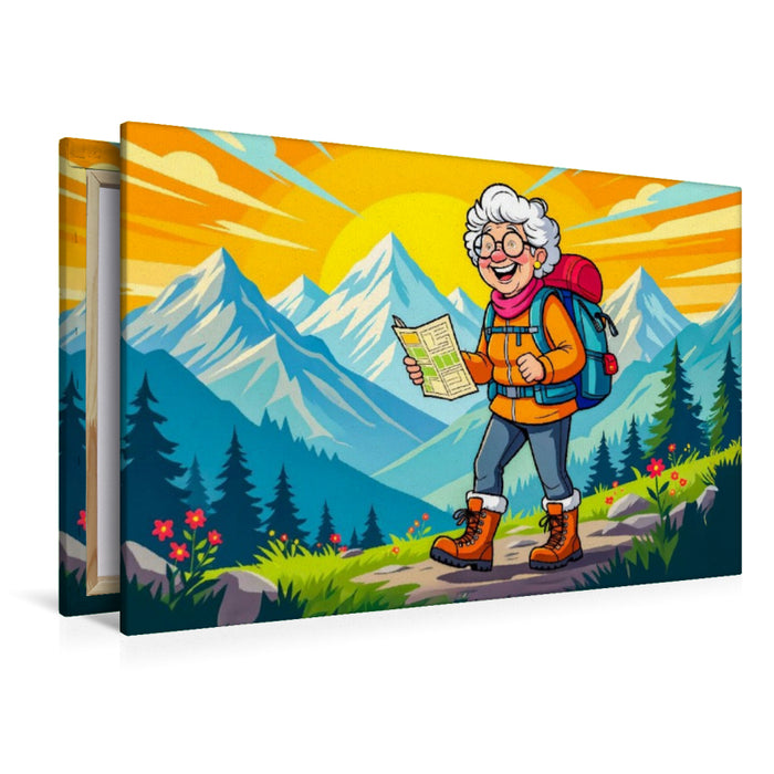 Premium Textil-Leinwand Oma wandert fröhlich mit Rucksack durch sonnige Berglandschaft