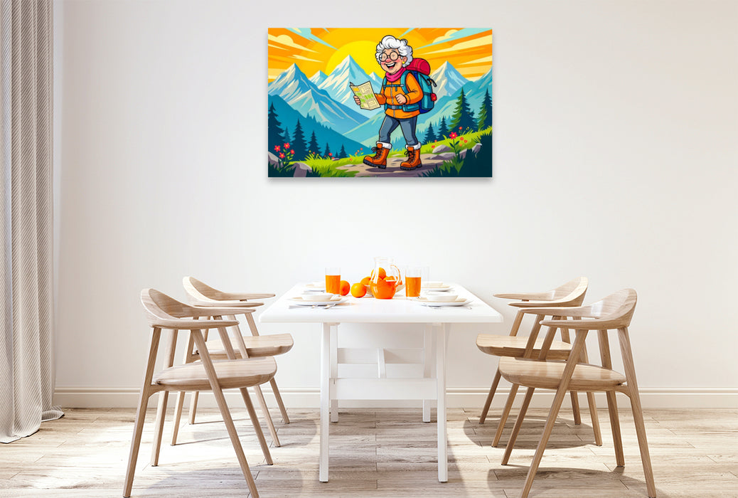 Premium Textil-Leinwand Oma wandert fröhlich mit Rucksack durch sonnige Berglandschaft