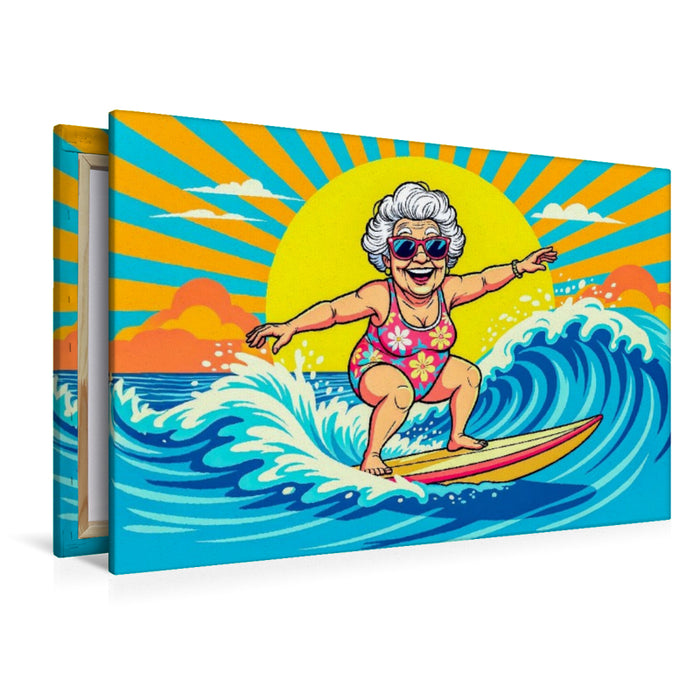 Premium Textil-Leinwand Oma surft die Wellen im Meer
