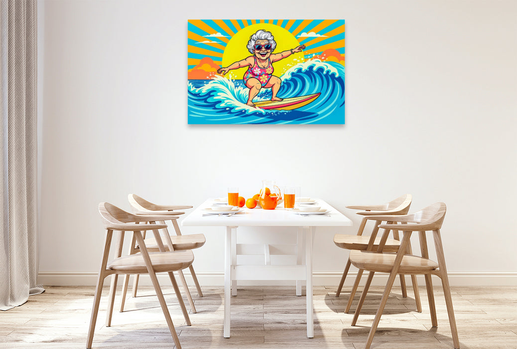 Premium Textil-Leinwand Oma surft die Wellen im Meer
