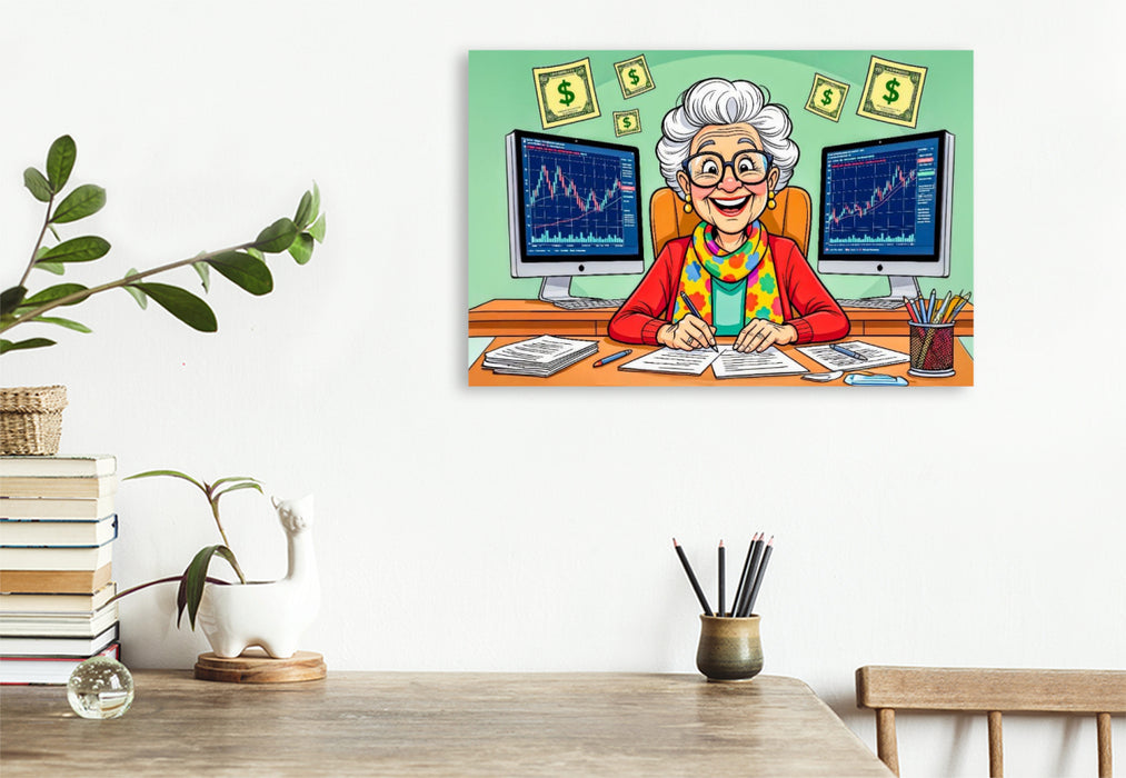 Premium Textil-Leinwand Oma zockt am Aktienmarkt