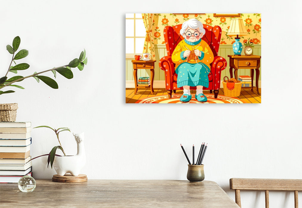 Premium Textil-Leinwand Oma strickt zufrieden im bequemen Sessel zu Hause