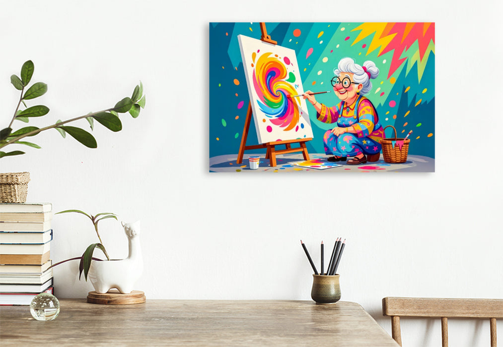 Premium Textil-Leinwand Oma malt buntes abstraktes Bild mit Pinsel begeistert