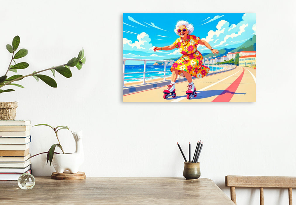 Premium Textil-Leinwand Oma auf Skateboard Promenade