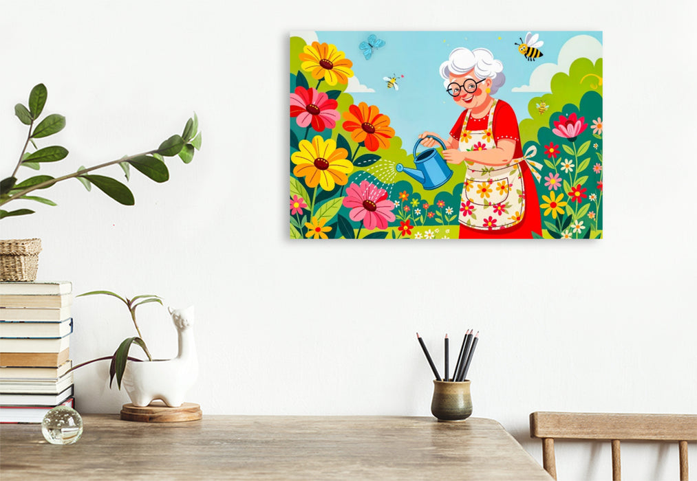Premium Textil-Leinwand Oma gießt bunte Blumen im Garten mit voller Freude
