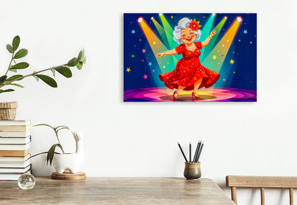 Premium Textil-Leinwand Oma tanzt lachend im roten Kleid auf heller Bühne