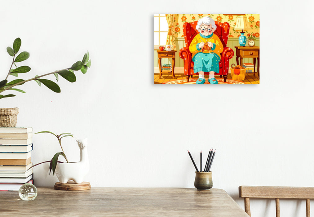 Premium Textil-Leinwand Oma strickt zufrieden im bequemen Sessel zu Hause