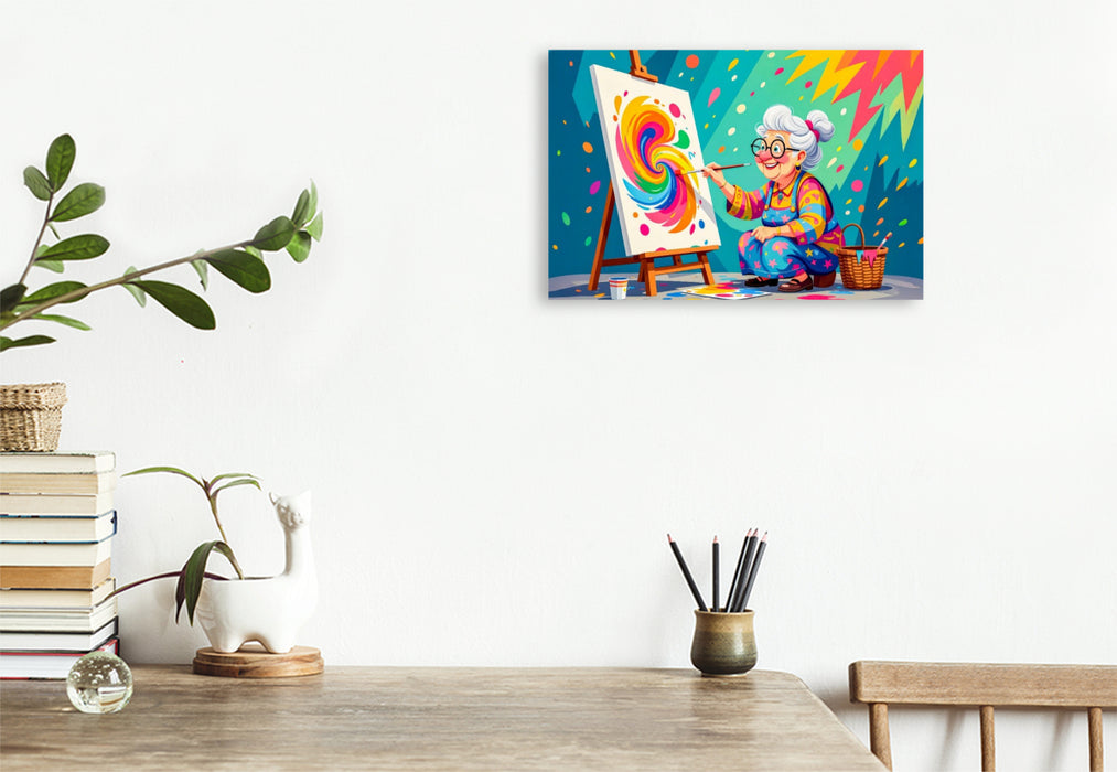 Premium Textil-Leinwand Oma malt buntes abstraktes Bild mit Pinsel begeistert