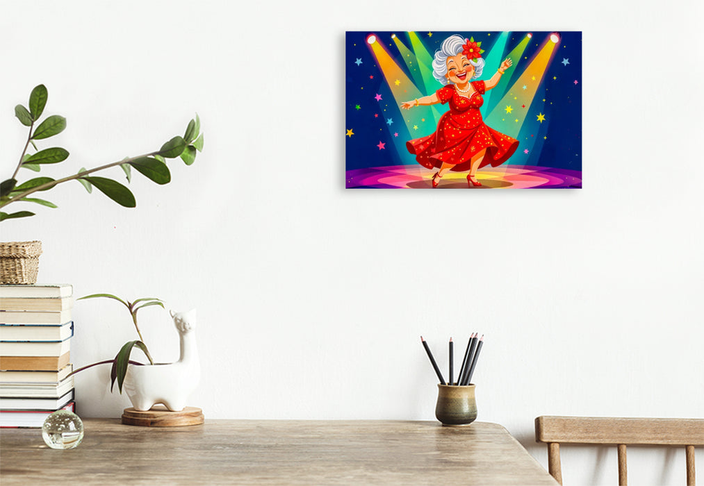 Premium Textil-Leinwand Oma tanzt lachend im roten Kleid auf heller Bühne