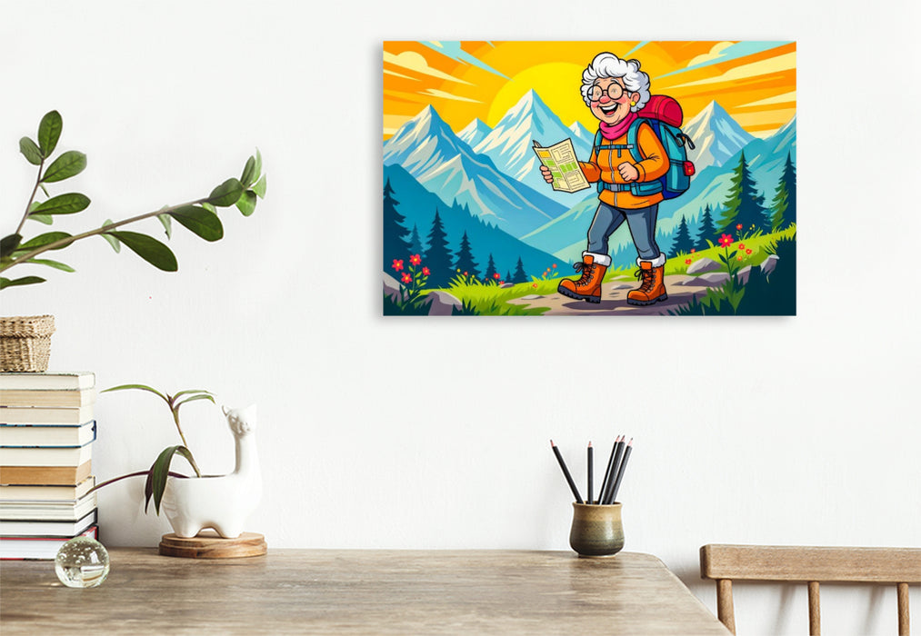 Premium Textil-Leinwand Oma wandert fröhlich mit Rucksack durch sonnige Berglandschaft