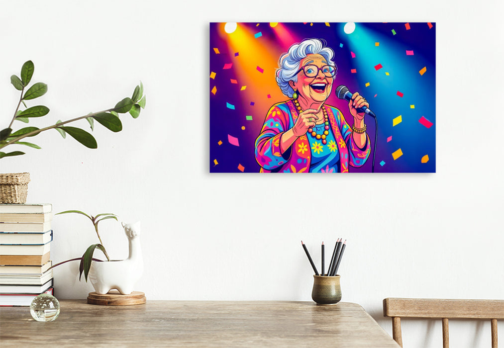 Premium Textil-Leinwand Oma wird zum Schlagerstar auf der Bühne