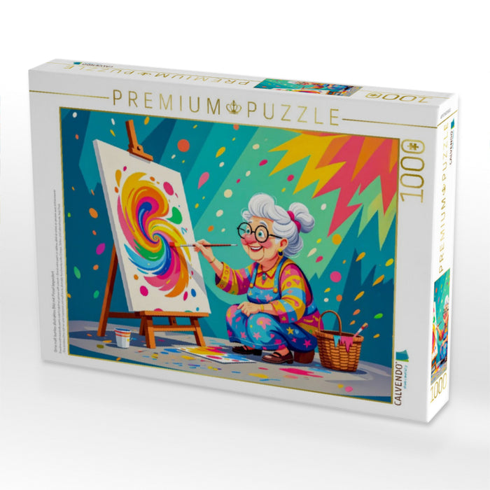 Oma malt buntes abstraktes Bild mit Pinsel begeistert - CALVENDO Foto-Puzzle'