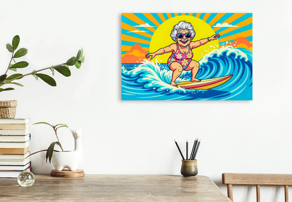 Premium Textil-Leinwand Oma surft die Wellen im Meer