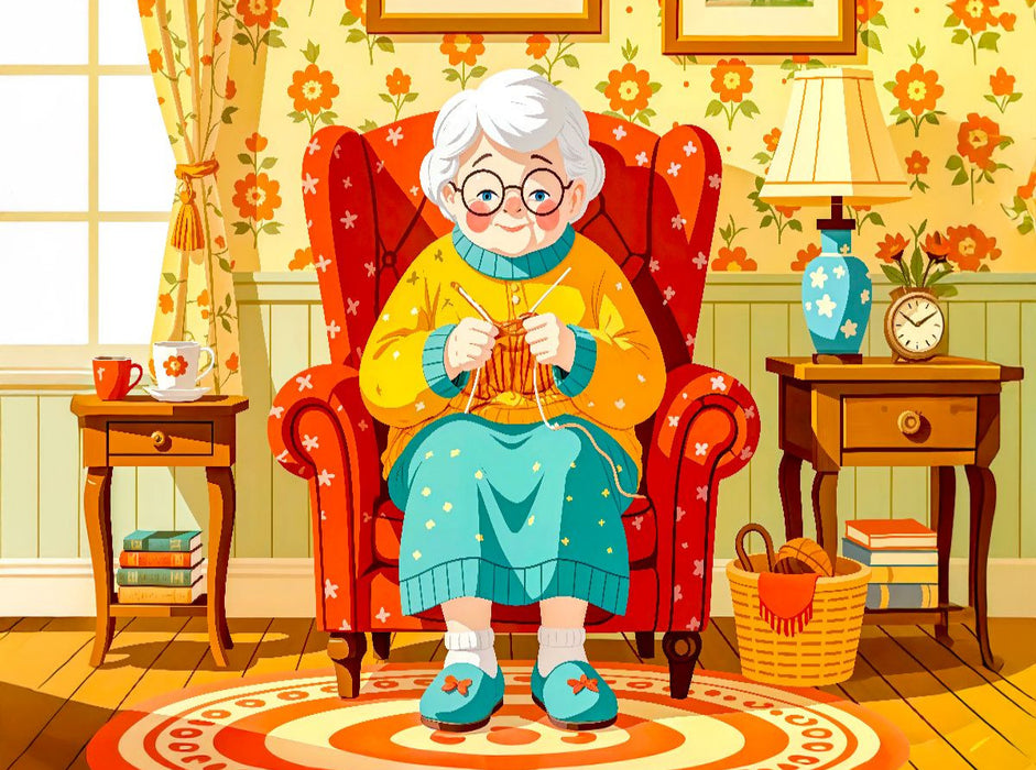 Oma strickt zufrieden im bequemen Sessel zu Hause - CALVENDO Foto-Puzzle'