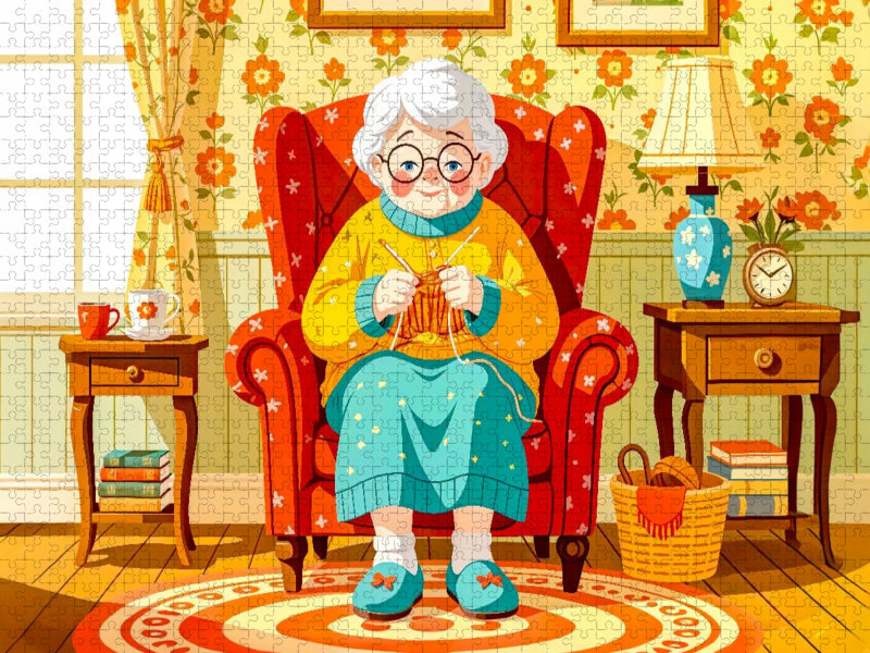 Oma strickt zufrieden im bequemen Sessel zu Hause - CALVENDO Foto-Puzzle'