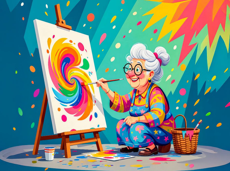 Oma malt buntes abstraktes Bild mit Pinsel begeistert - CALVENDO Foto-Puzzle'