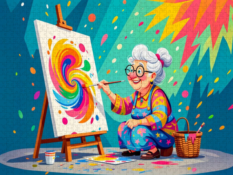 Oma malt buntes abstraktes Bild mit Pinsel begeistert - CALVENDO Foto-Puzzle'