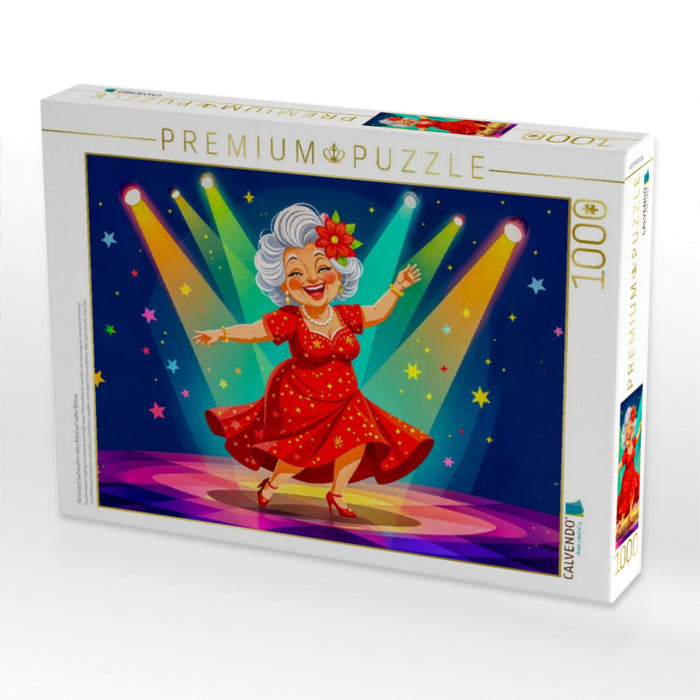 Oma tanzt lachend im roten Kleid auf heller Bühne - CALVENDO Foto-Puzzle'