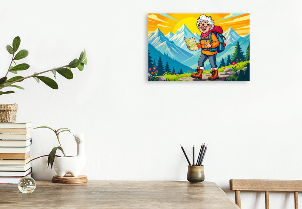 Premium Textil-Leinwand Oma wandert fröhlich mit Rucksack durch sonnige Berglandschaft