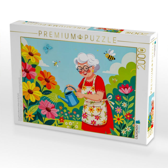 Oma gießt bunte Blumen im Garten mit voller Freude - CALVENDO Foto-Puzzle'