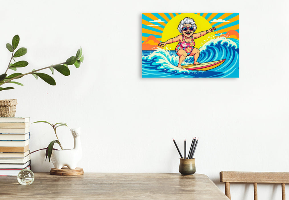 Premium Textil-Leinwand Oma surft die Wellen im Meer