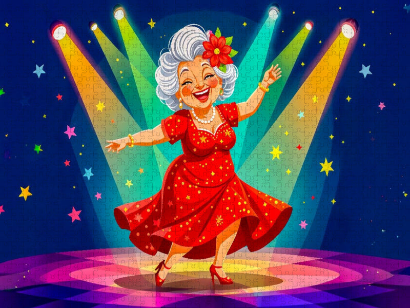 Oma tanzt lachend im roten Kleid auf heller Bühne - CALVENDO Foto-Puzzle'