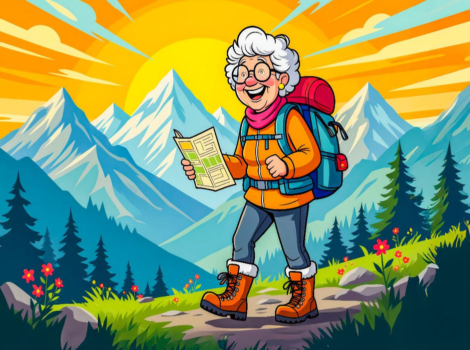 Oma wandert fröhlich mit Rucksack durch sonnige Berglandschaft - CALVENDO Foto-Puzzle'