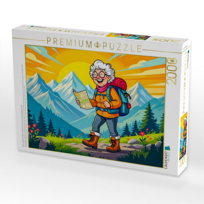 Oma wandert fröhlich mit Rucksack durch sonnige Berglandschaft - CALVENDO Foto-Puzzle'