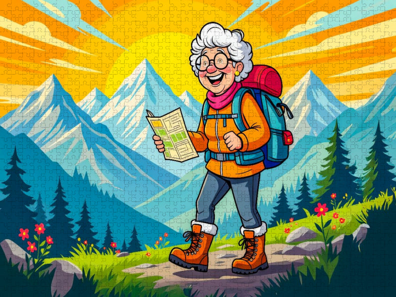 Oma wandert fröhlich mit Rucksack durch sonnige Berglandschaft - CALVENDO Foto-Puzzle'
