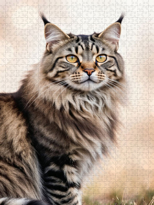 Eine Maine Coon Katze blickt majestätisch in die Ferne und zeigt ihre eindrucksvolle Schönheit. - CALVENDO Foto-Puzzle'